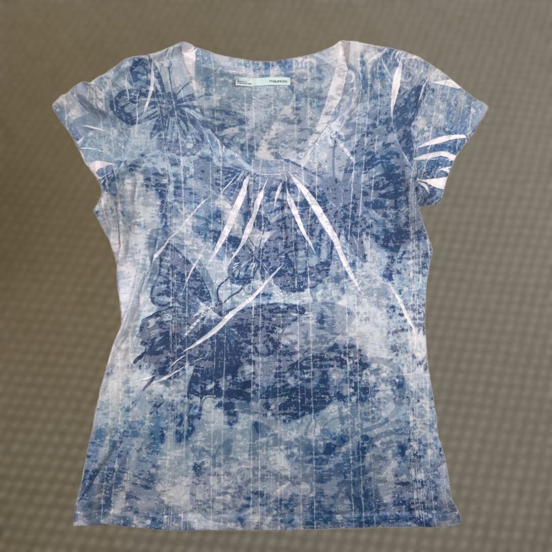 Vintage Maurices Shirt Womens L Blue Butterfly Floral Scoop Neck Short Sleeve Tee Top Size L / US 10 / IT 46 - 1 Thumbnail