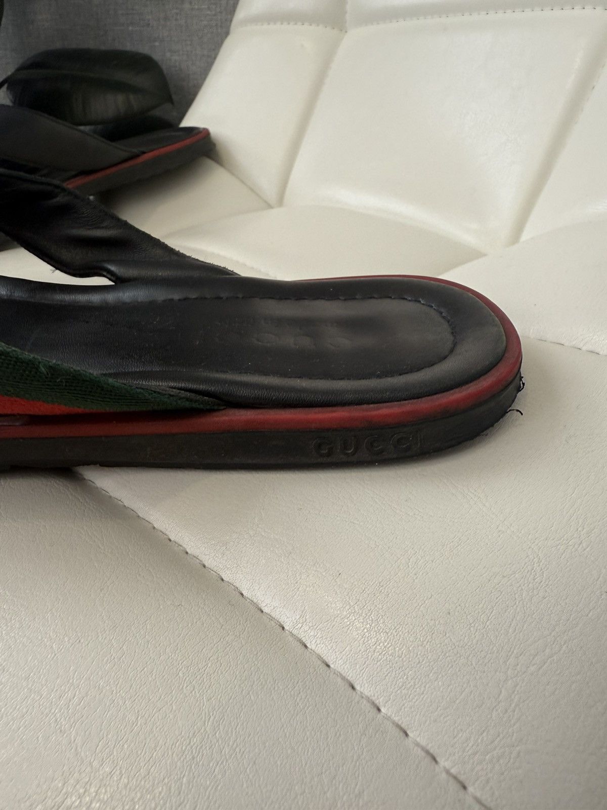 Gucci Gucci Black Leather Flip Flops Sandals GG Web Stripe Slides Size US 11 / EU 44 - 7 Thumbnail