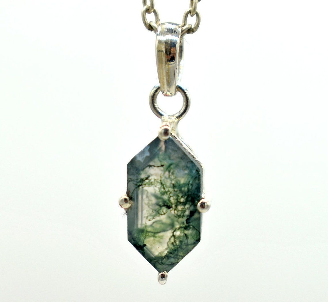 Handmade Sterling Silver Moss Agate Gemstone Necklace - 18 Inch Size ONE SIZE - 4 Thumbnail