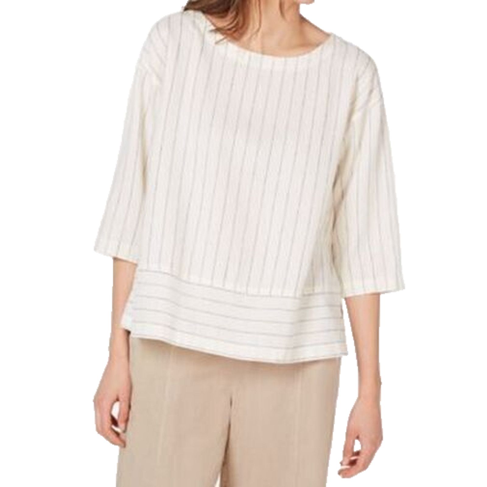 Eileen Fisher EILEEN FISHER Striped Tencel Org Cotton 3/4 Sleeve Top Sz L Size L / US 10 / IT 46 - 3 Thumbnail