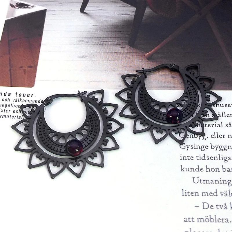 Jewelry Victorian Gothic Black Flower Hoop Earrings Jewelry Gift Size ONE SIZE - 2 Thumbnail