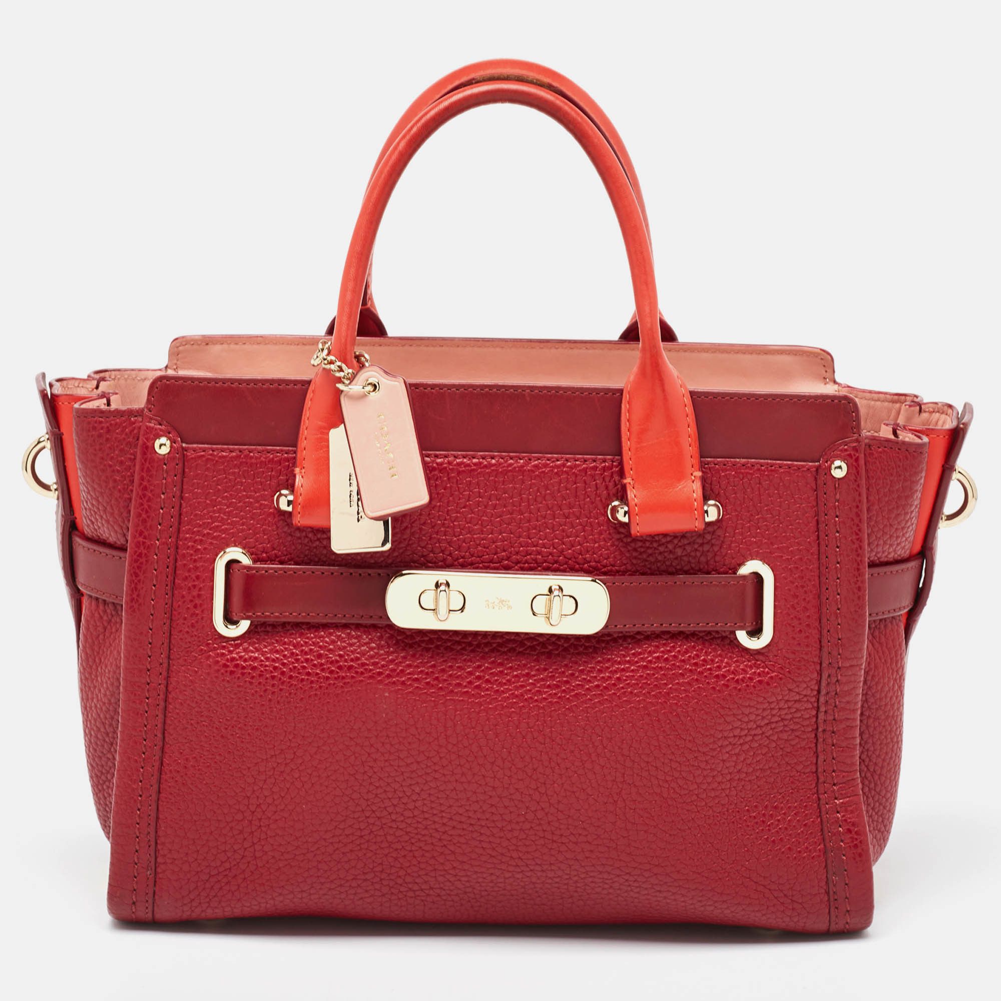 image of Coach Two Tone Red Leather Swagger 27 Carryall Tote, Women's