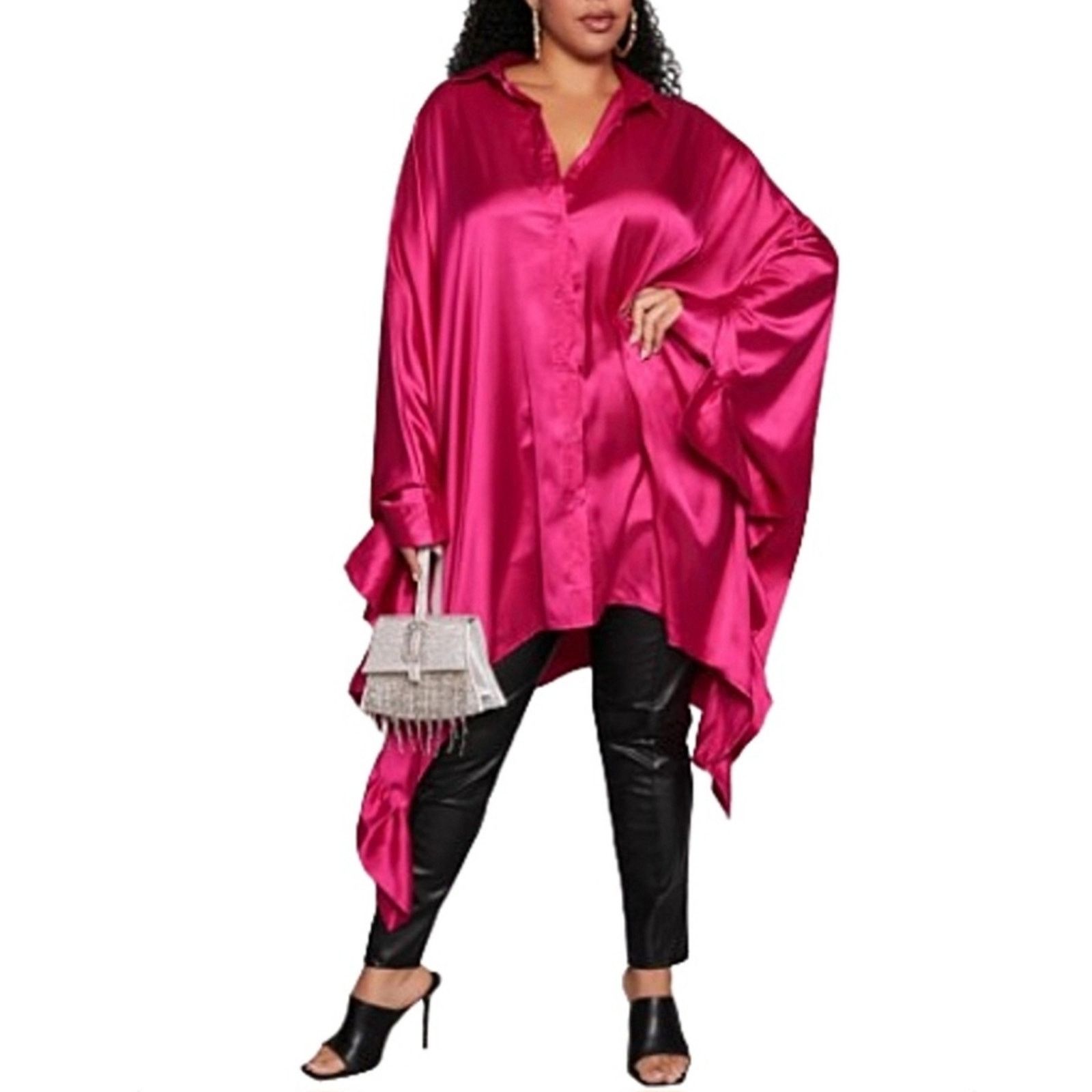 Other FUCSCHIA ☆ SATIN ☆ RUFFLED ☆ BATWING SHIRTDRESS ☆ 2x ☆ NWT Size XXL / US 16-18 / IT 52-54 - 2 Thumbnail