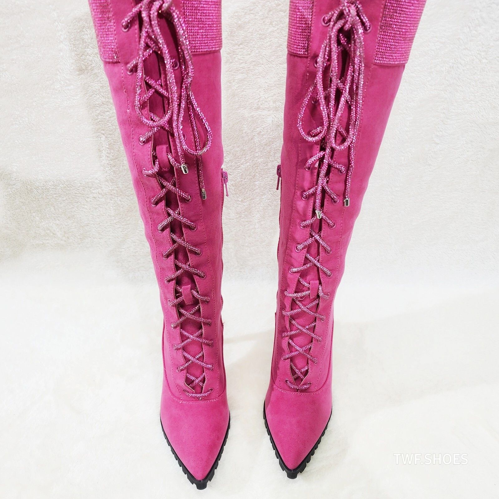 Other Queens Rhinestone Pointy Toe High Heels Stiletto Lace Up Kne Size US 8.5 / IT 38.5 - 5 Thumbnail