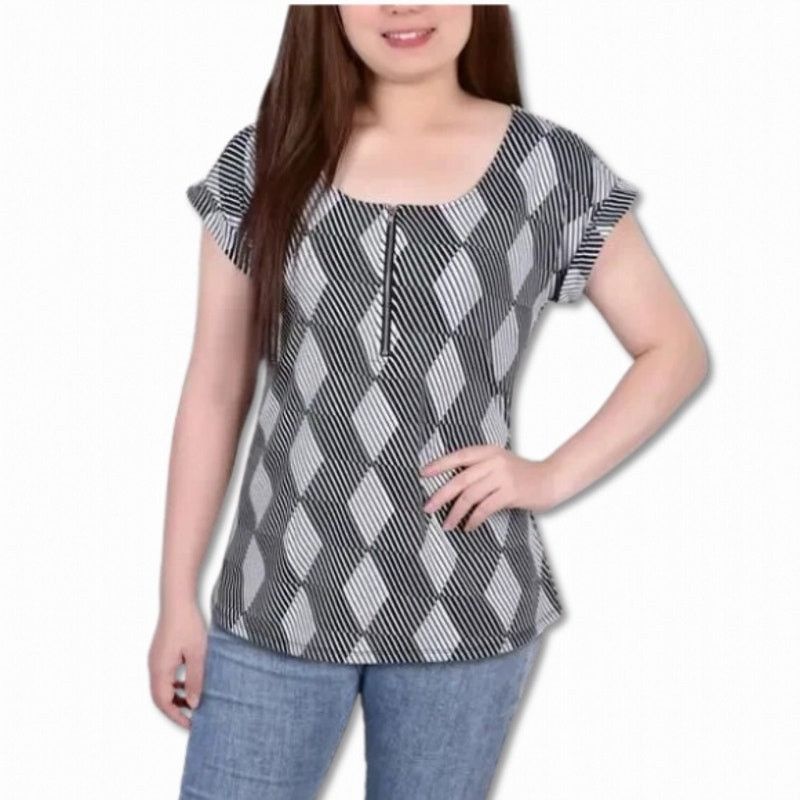 Other NY Collection Blouse Front Zip Geometric Black White W LP Size L / US 10 / IT 46 - 1 Thumbnail
