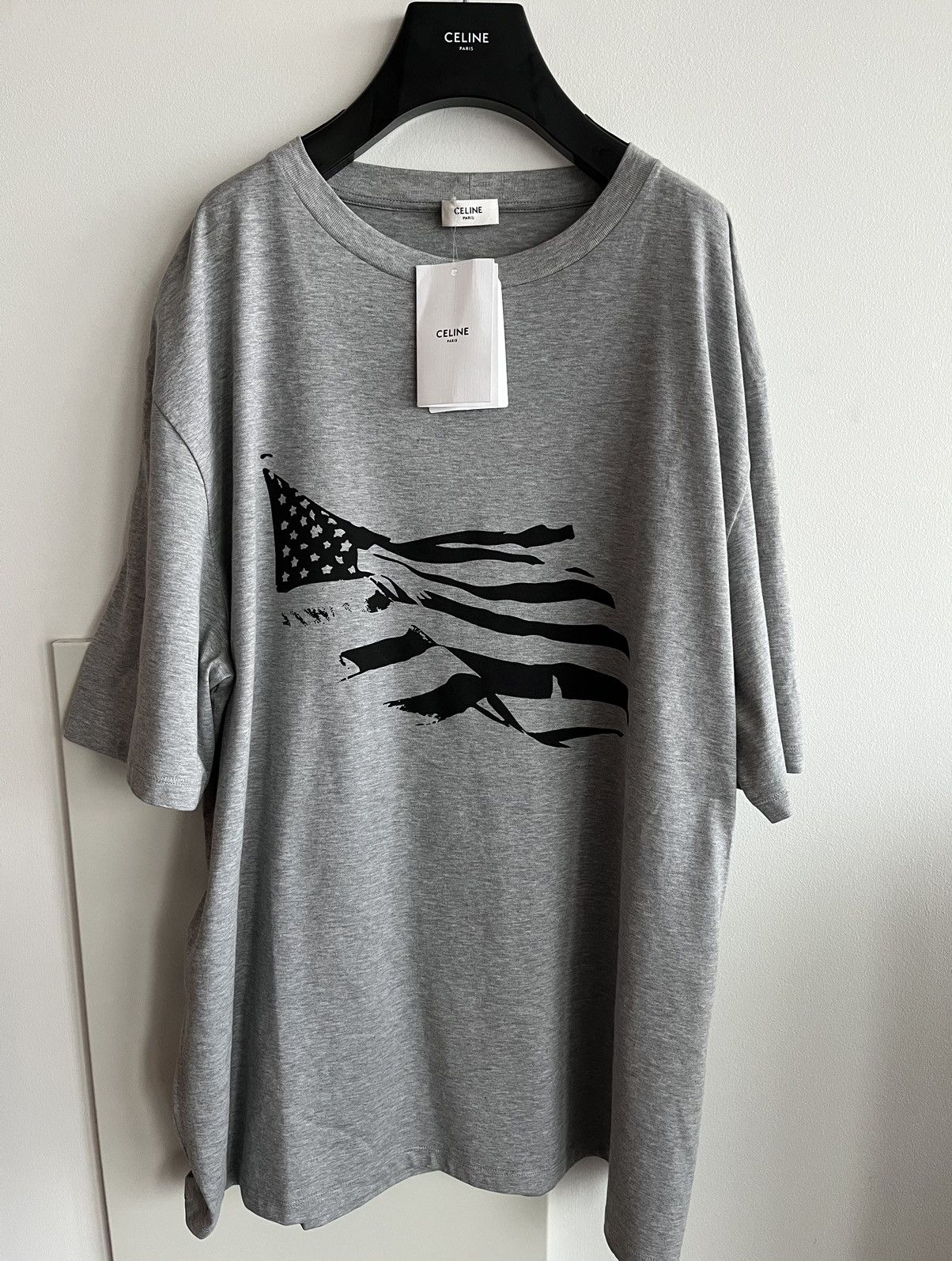 image of Super Runway Celine By Hedi Oversized Flag Tee in Grey, Men's (Size XL)