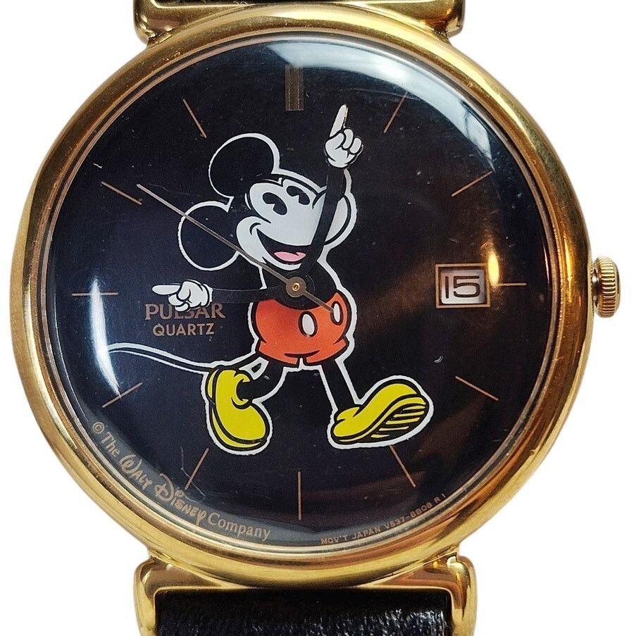 Disney Vintage Mickey Mouse Pulsar Watch Gold Tone Black Dial Date Size ONE SIZE - 1 Thumbnail