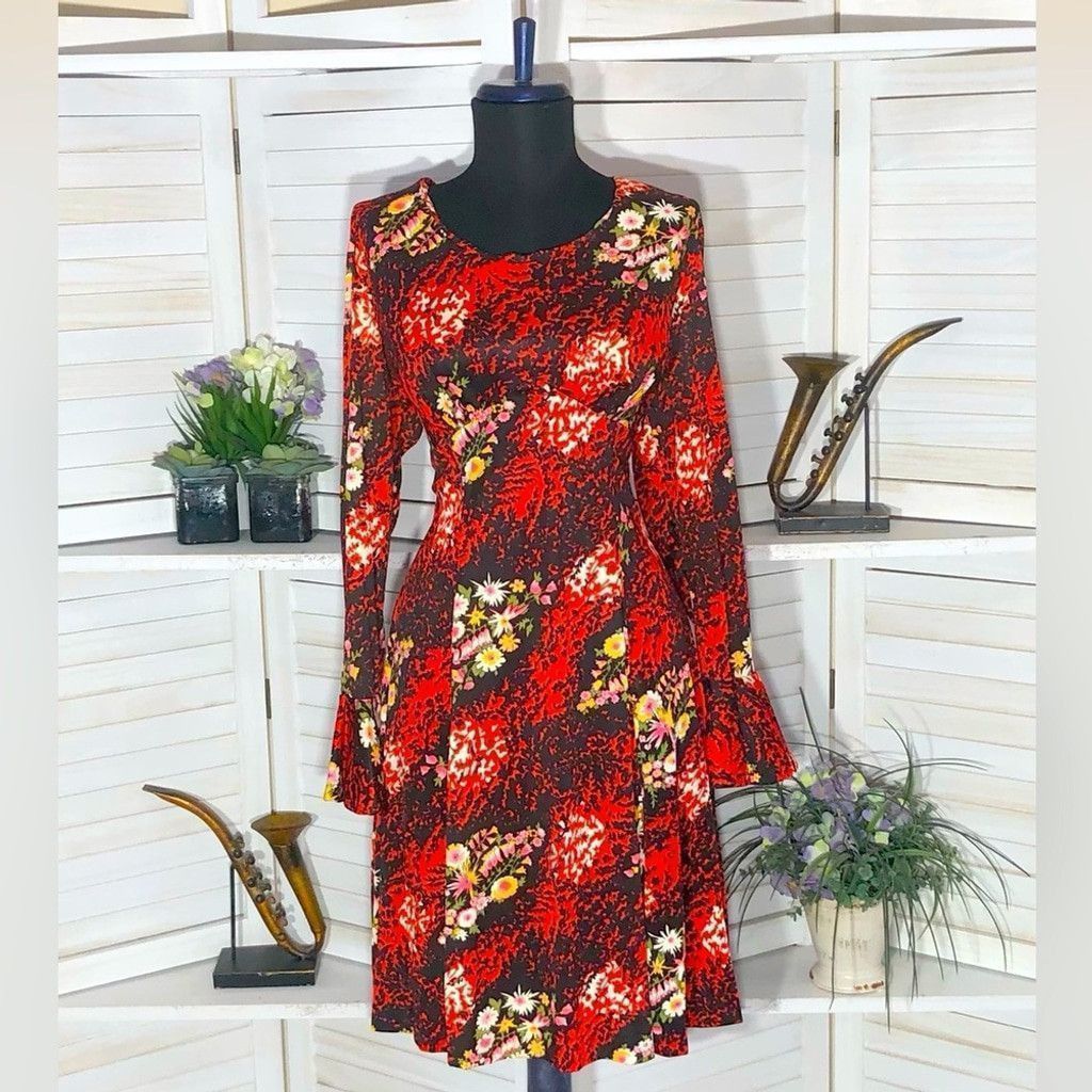 Vintage 70s boho mod floral red black midi dress trumpet sleeves L Size M / US 6-8 / IT 42-44 - 1 Thumbnail
