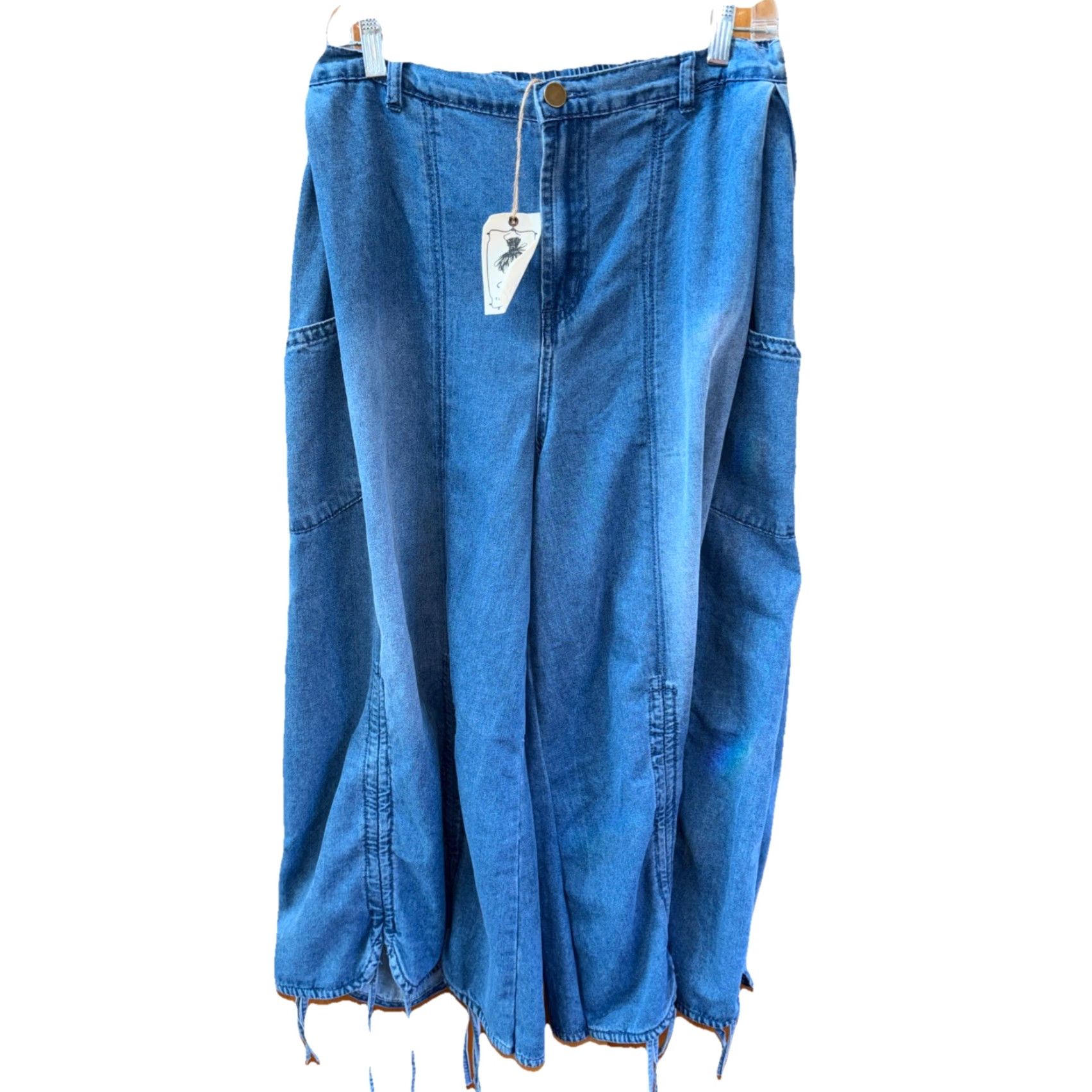 Denime EASEL Jeans Blue Denim Wide Leg Palazzo Zip Pockets Ruched Adjust Hem New M Size 32" / US 10 / IT 46 - 2 Thumbnail