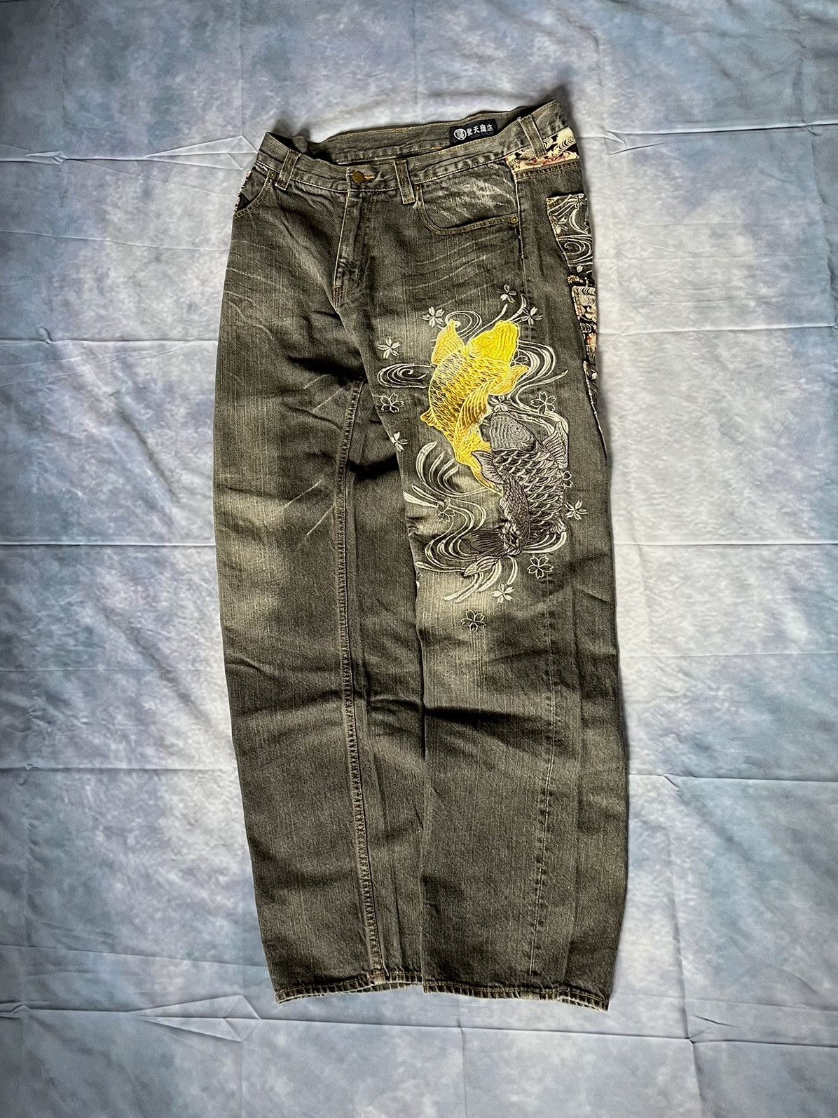 Japan Blue Japan Blue Y2K 2000s Jeans – Yellow Koi Fish Embroidery Size US 34 / EU 50 - 1 Thumbnail