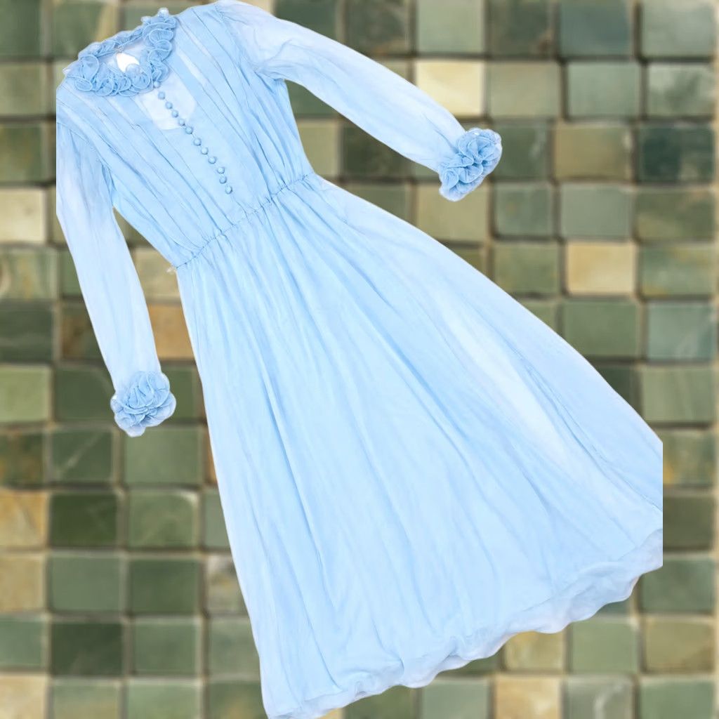 Vintage VINTAGE Miss Elliette Dress 14 Blue Chiffon High Neck Maxi Gown Ruffle Womens Size XL / US 12-14 / IT 48-50 - 1 Thumbnail