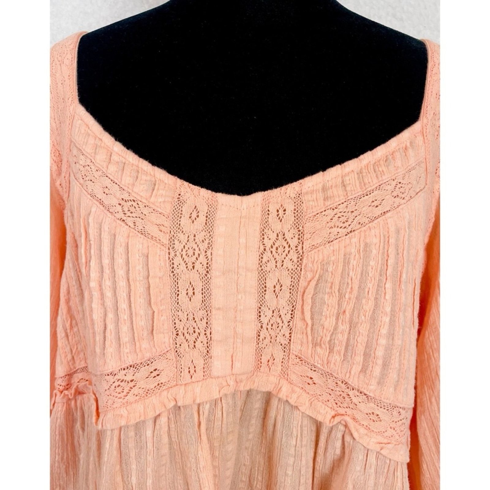American Eagle Outfitters AMERICAN EAGLE • Peach Boho Long Sleeve Babydoll Blouse Size L / US 10 / IT 46 - 5 Thumbnail