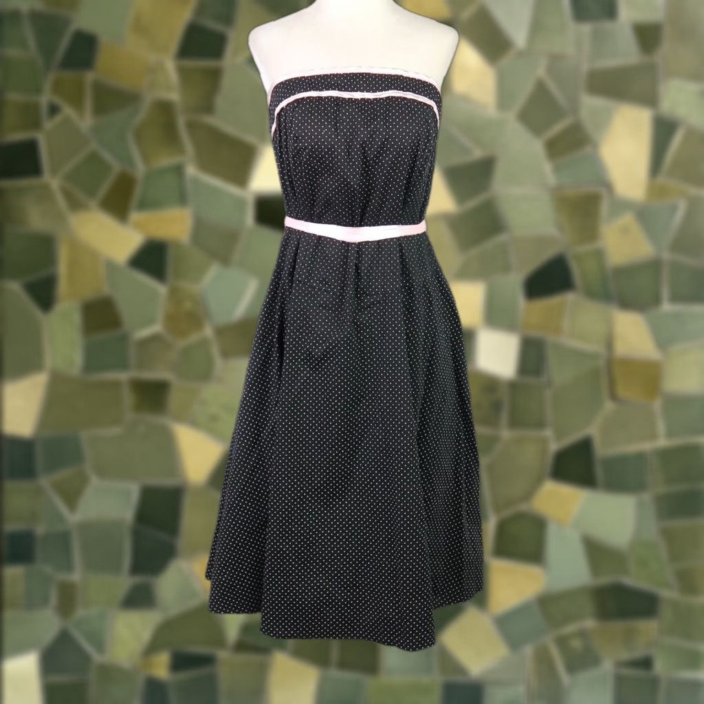 VINTAGE Torrid Dress Polka Dot Strapless Midi Party 14 Womens Black White Spandex Cotton Zip A-Line 90s 2000s