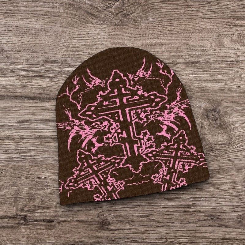 Other Opium Y2K ALT Grunge Cross Beanie | Punk Graphic Brown Hat Size ONE SIZE - 1 Preview