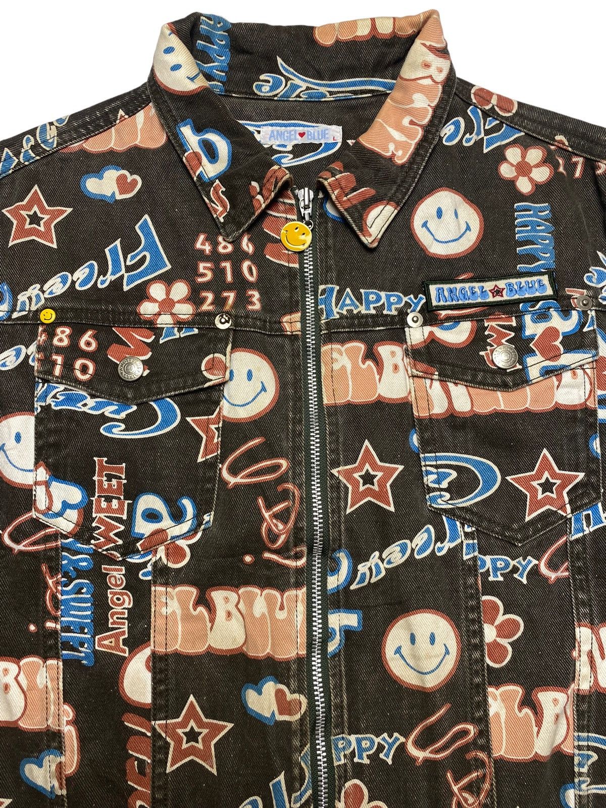 Angel Blue 1990s Angel Blue - Printed Pop Smiley Denim Work Jacket Size L / US 10 / IT 46 - 4 Thumbnail