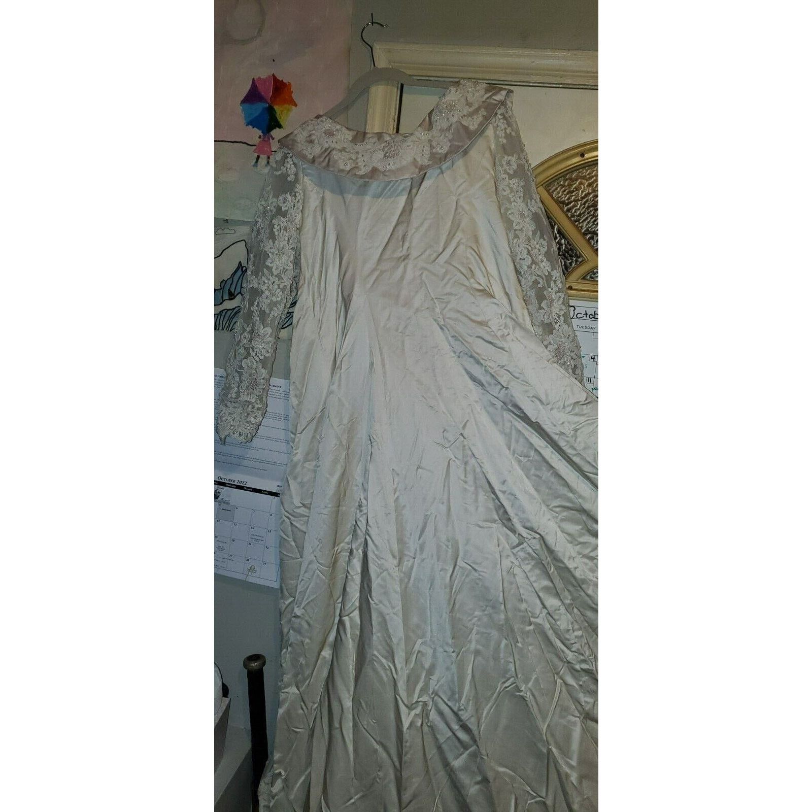 Handmade White Bridal Wedding Coat Jacket with Train Lace Sleeves 1XL Size XXL / US 16-18 / IT 52-54 - 2 Thumbnail