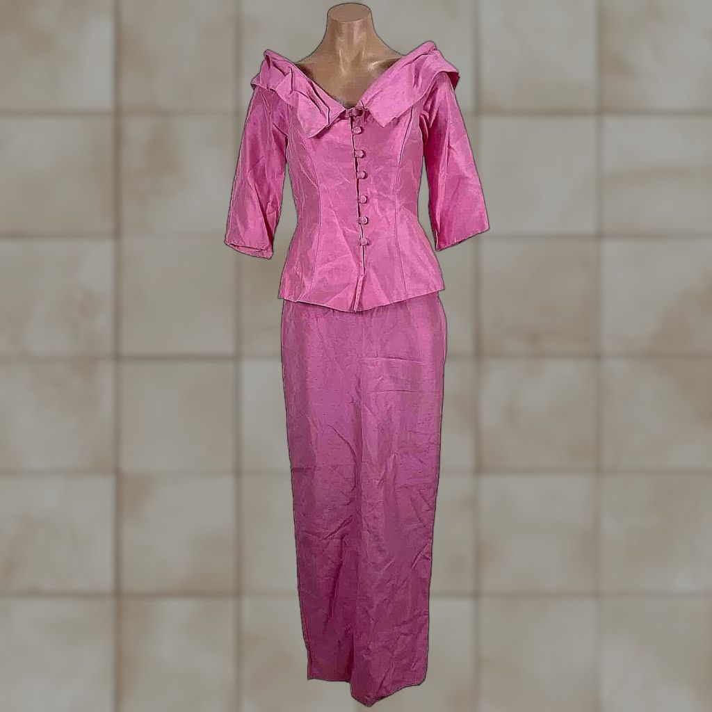 VINTAGE BILL LEVKOFF Hot Pink formal Dress Jacket Overlay Maxi 70s NWT sz 4  Womens
