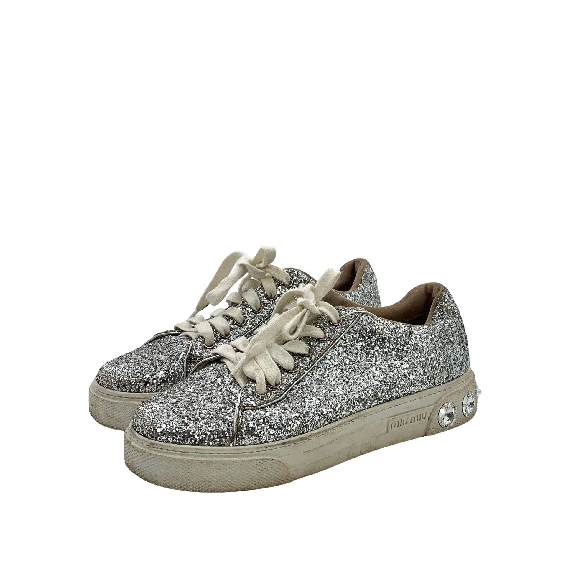 Miu Miu Miu Miu Silver Glitter Crystal Low-Top Sneakers 36.5 Size US 6.5 / IT 36.5 - 1 Thumbnail