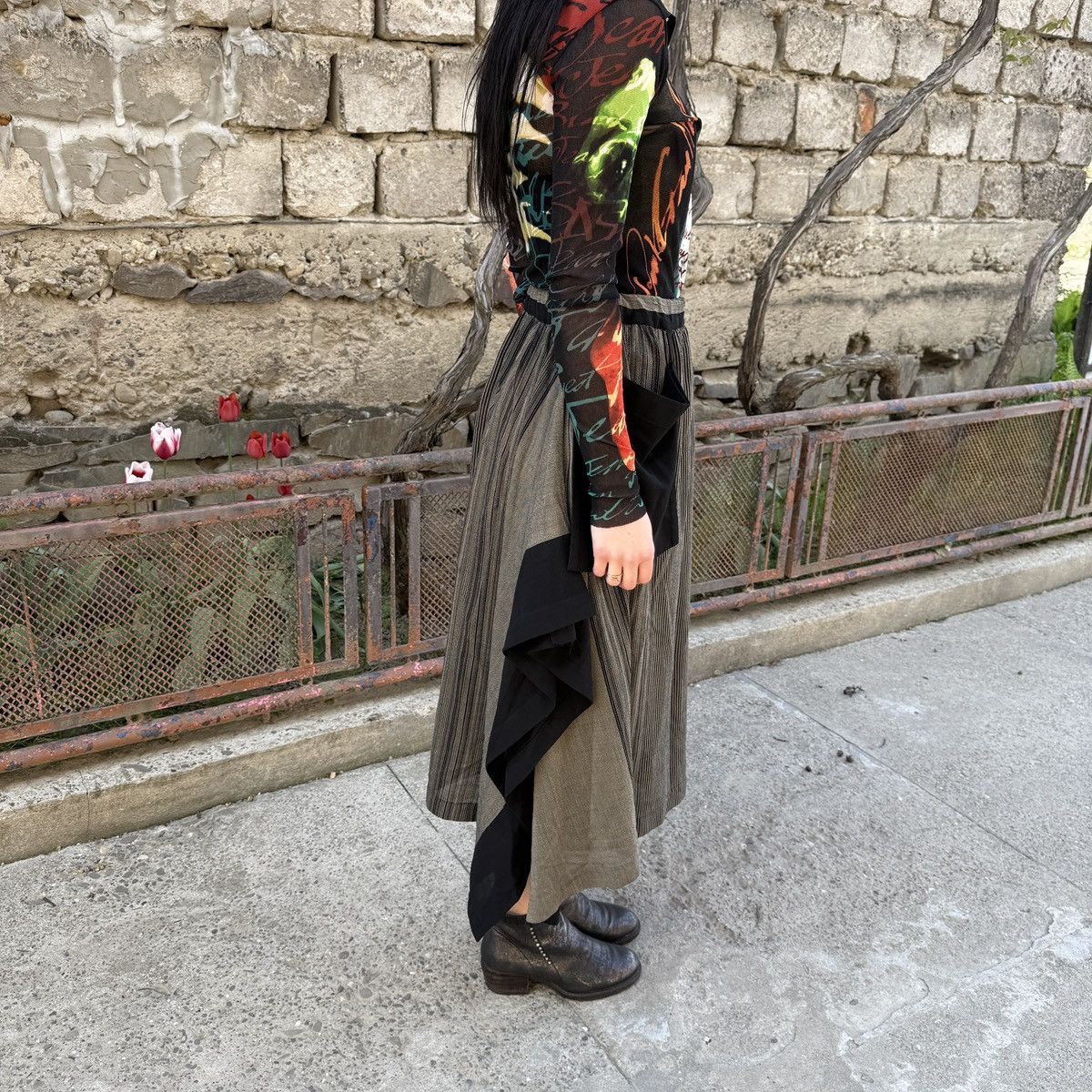 Issey Miyake Archive 1980’s Issey Miyake Permanente Striped Wool Skirt Size 25" / US 0 / IT 36 - 4 Thumbnail