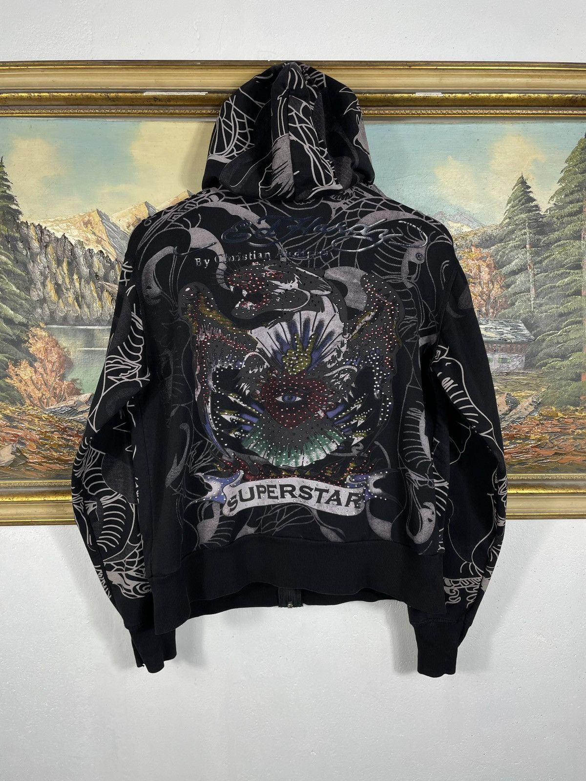 Ed Hardy × Vintage Ed Hardy Y2k Avant Garde Zip AOP Hoodie Sweatshirt Vintage Size M / US 6-8 / IT 42-44 - 2 Thumbnail