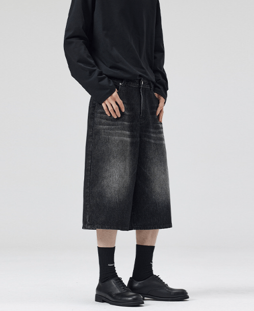 Japanese Brand × Jean Distressed wide-leg whisker loose men's denim shorts Size US 32 / EU 48 - 2 Thumbnail