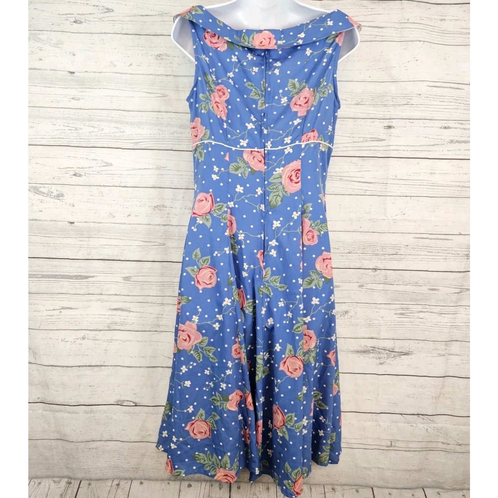 Vintage Hell Bunny Vixen Dress Womens L Blue Floral Sleeveless Knee Length Zip Polka Dot Brand Flowers Size L / US 10 / IT 46 - 3 Thumbnail
