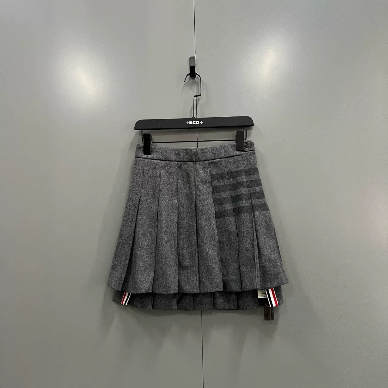thom browne gray pleated skirt with stripes