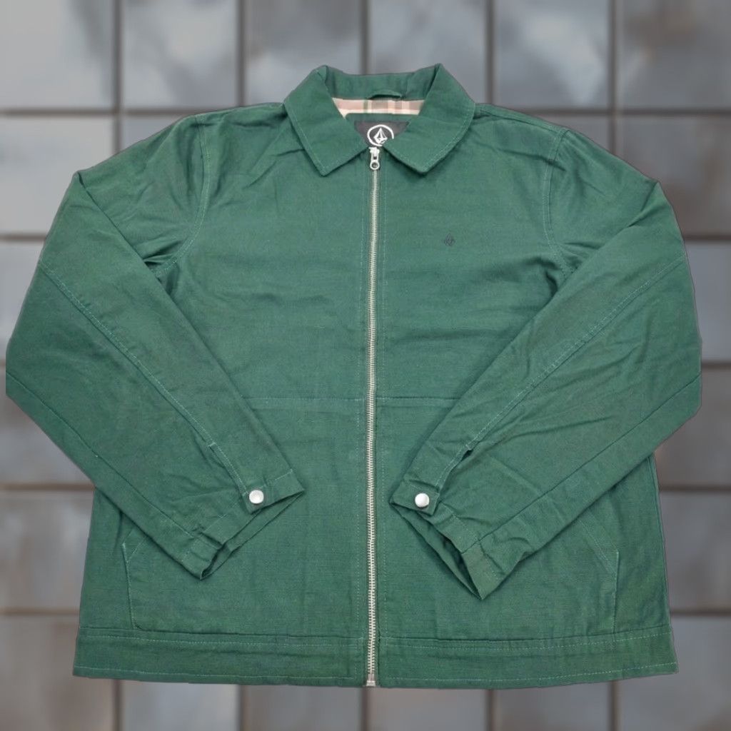 VOLCOM Jacket Mens M Green Plaid Lined Full Zip Cotton Bomber Jacket Casual Skateboarding Regular Fit NWT
