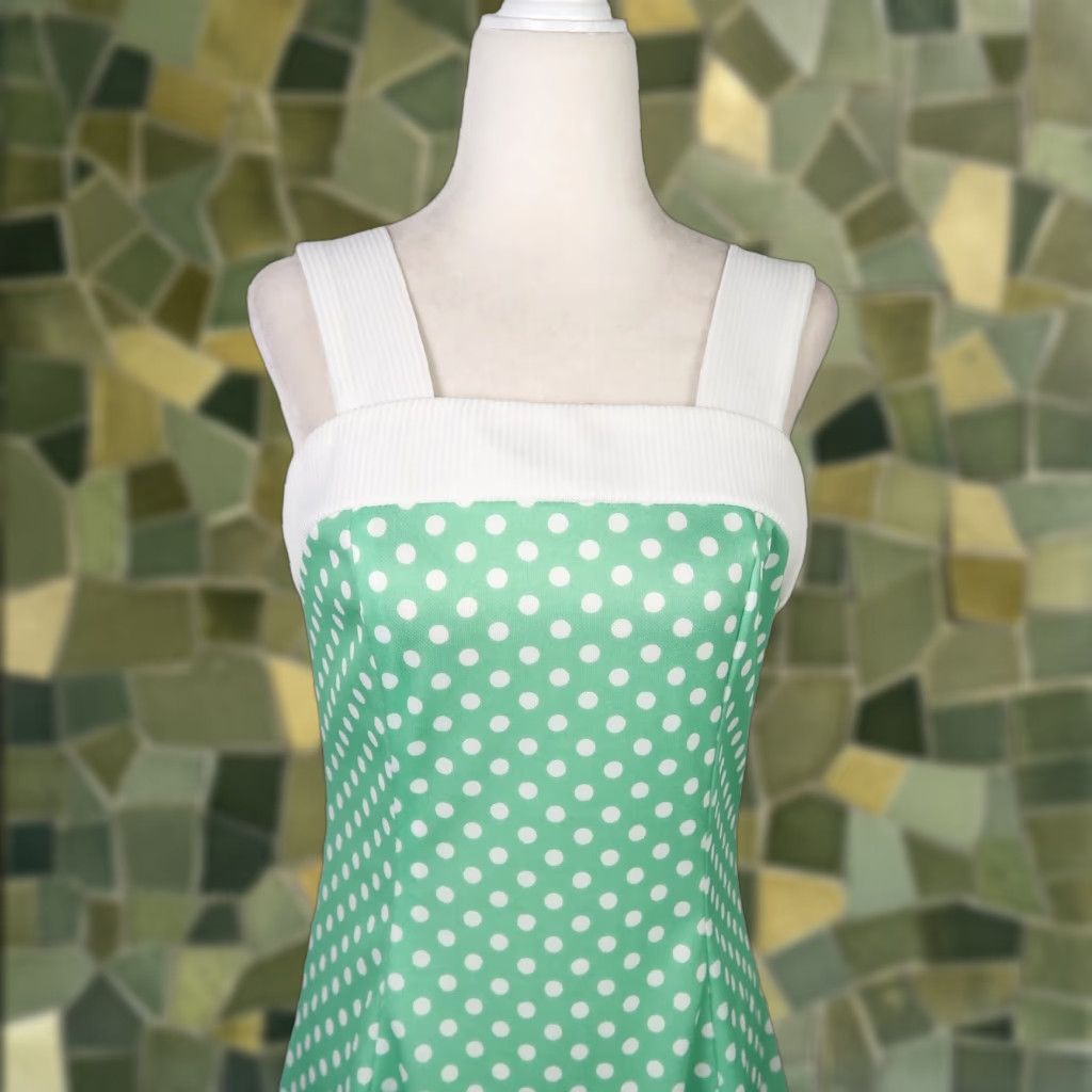 VINTAGE Ann Stevens 70s Mint Green White Polka Dot Dress Knee Length Sleeveless Square Neck Midi A-Line Zip Back Womens 10