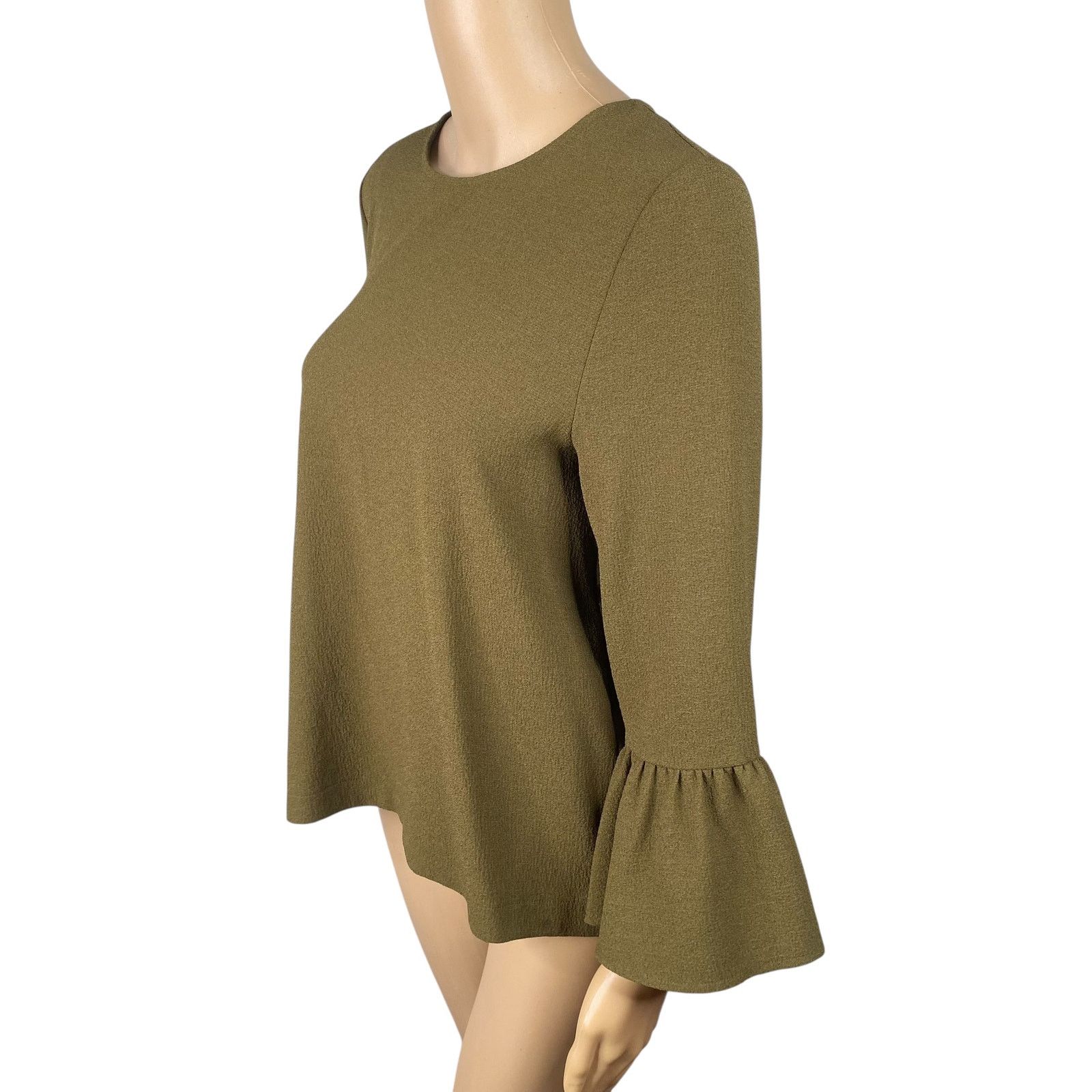 Ganni Ganni Clark Olive Green Crepe Bell Sleeve Crew Neck Top SZ S Size S / US 4 / IT 40 - 5 Thumbnail