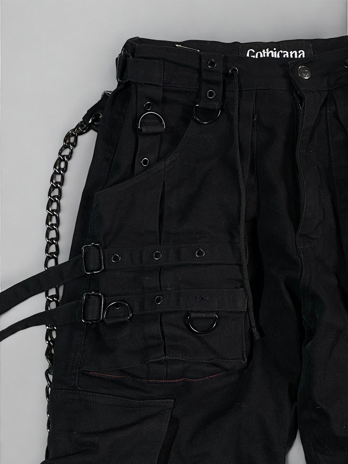 Other 🔥 Y2k GOTHICANA BLACK STRAP PANTS CHAINS CYBER RAVE VIBES Size US 32 / EU 48 - 9 Thumbnail