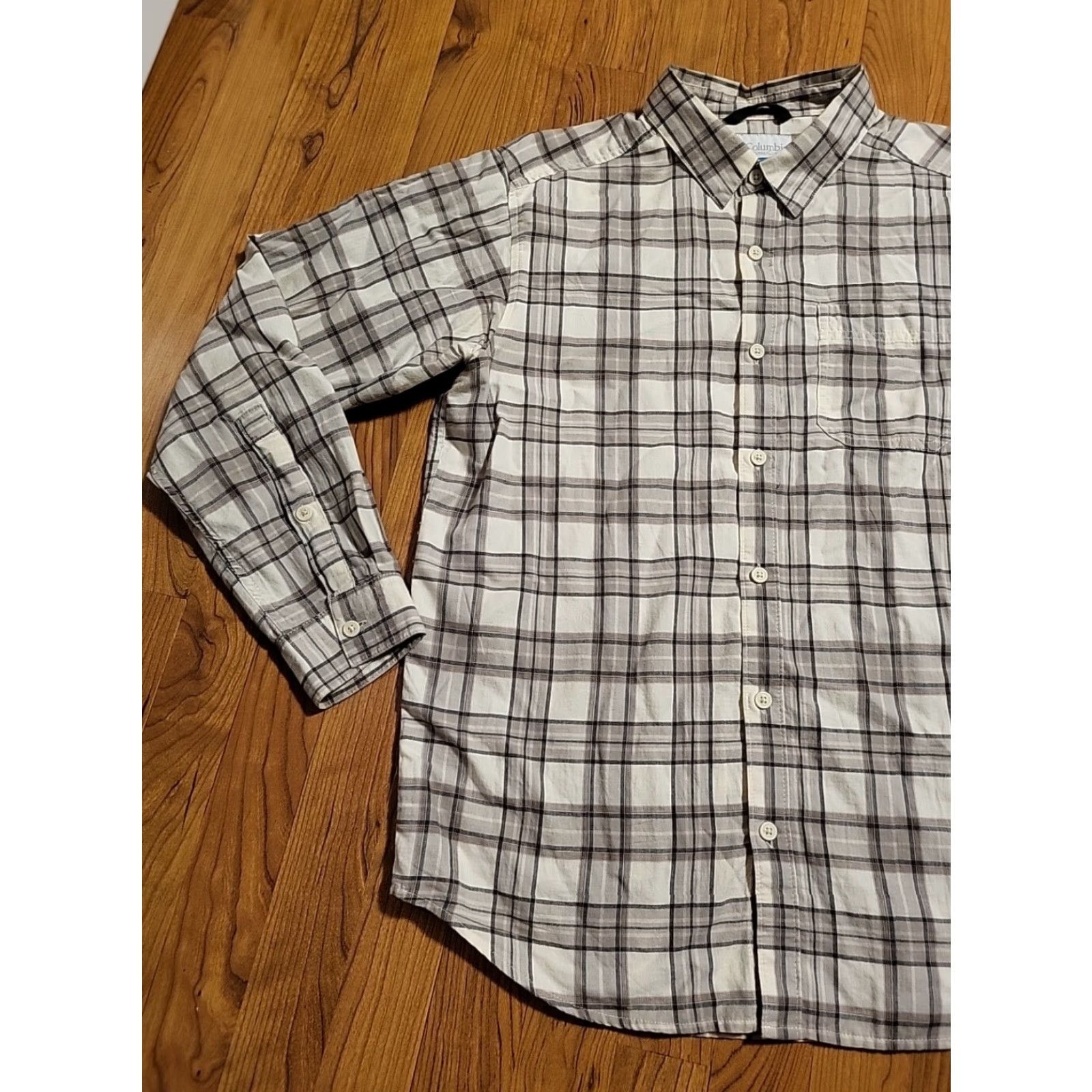 Vintage Columbia LS Button-Up Shirt Plaid Cotton Long Sleeve Men M 42 in Gray Brown White Outdoor Camping Hiking Practical Pockets Size US M / EU 48-50 / 2 - 2 Thumbnail