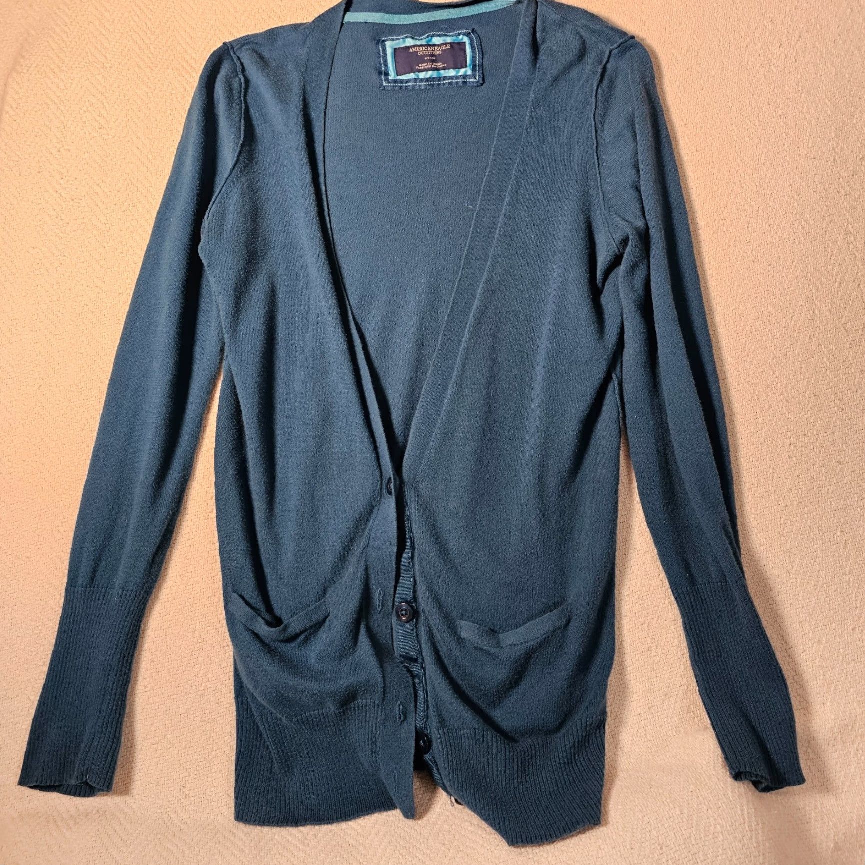 American Eagle Outfitters American Eagle Outfitters Blue Geometric Open-Knit Cardigan Sweater Medium Lightweight Womens Size M / US 6-8 / IT 42-44 - 5 Thumbnail