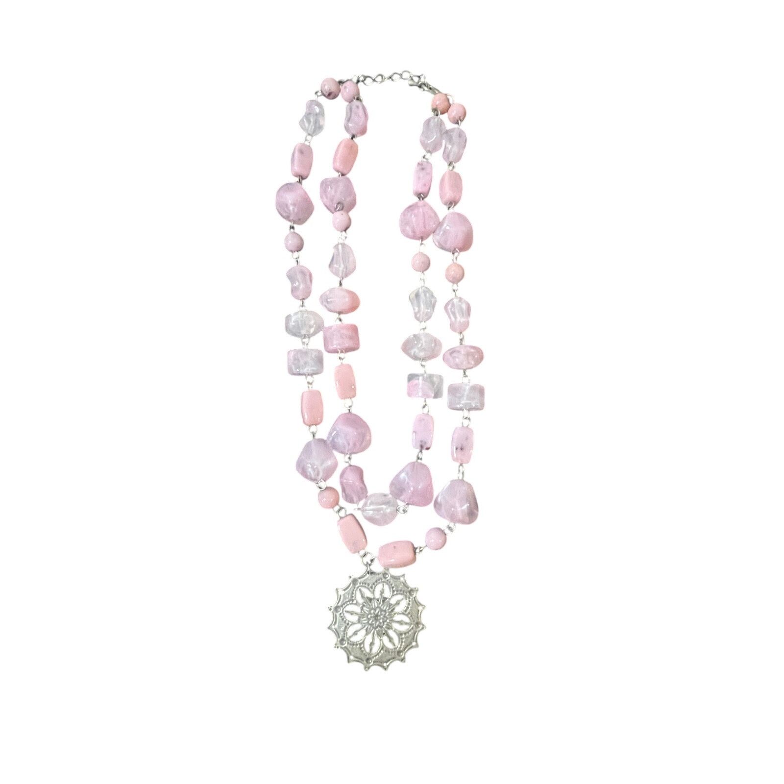 Other Vtg Rose Glass Bead Necklace Silver-tone Filigree Pendant Size ONE SIZE - 2 Thumbnail