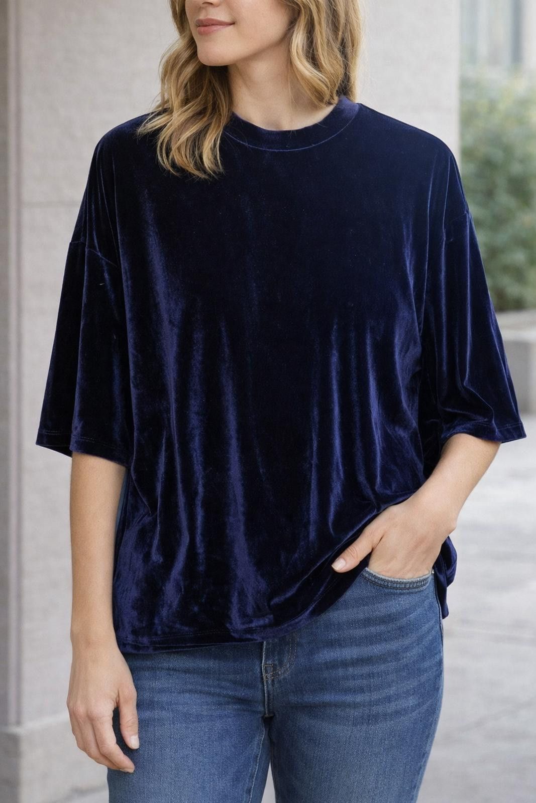 Other ASOS DESIGN Velvet Oversized T-Shirt in Navy Blue, Size L Size L / US 10 / IT 46 - 1 Thumbnail