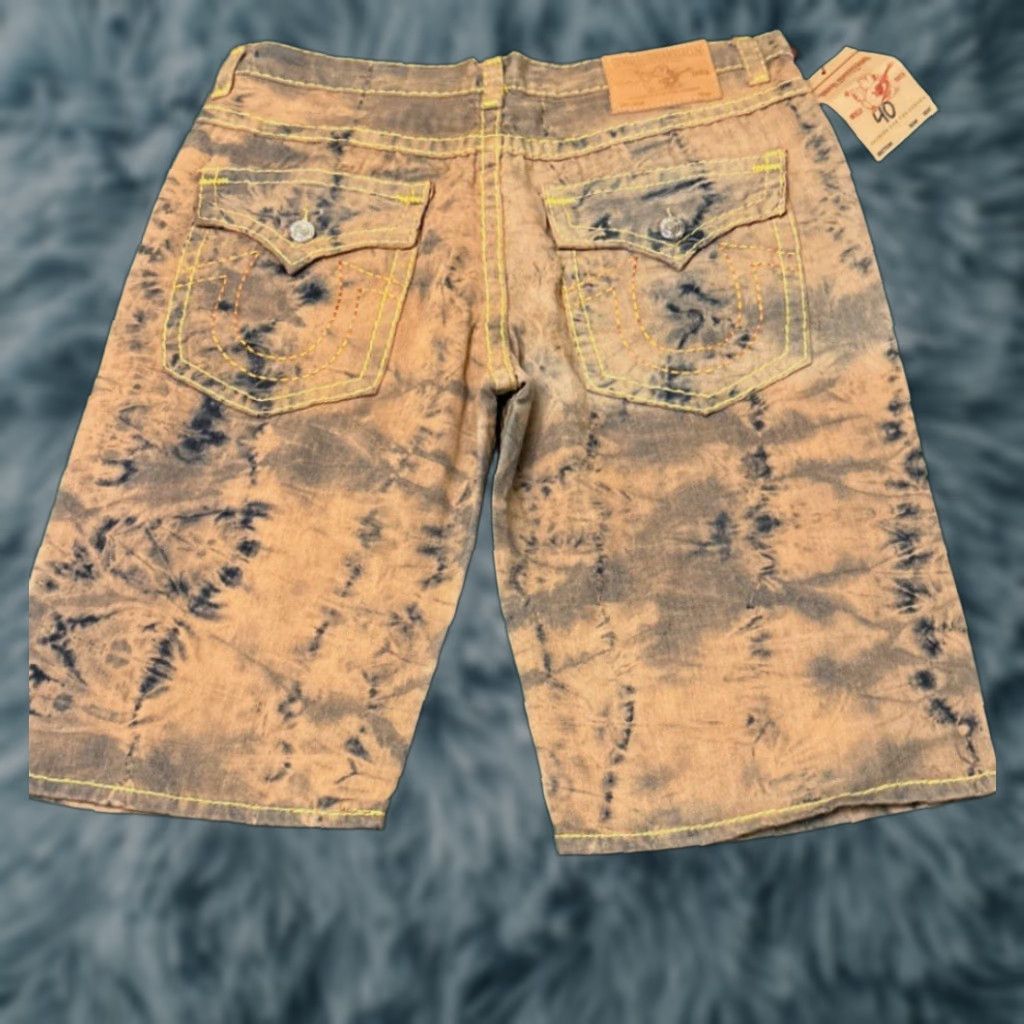 VINTAGE True Religion Baggy Hip Hop Acid Wash Jean Shorts Mens 40 Jorts Multicolor Pockets Logo Y2K Grunge Skater