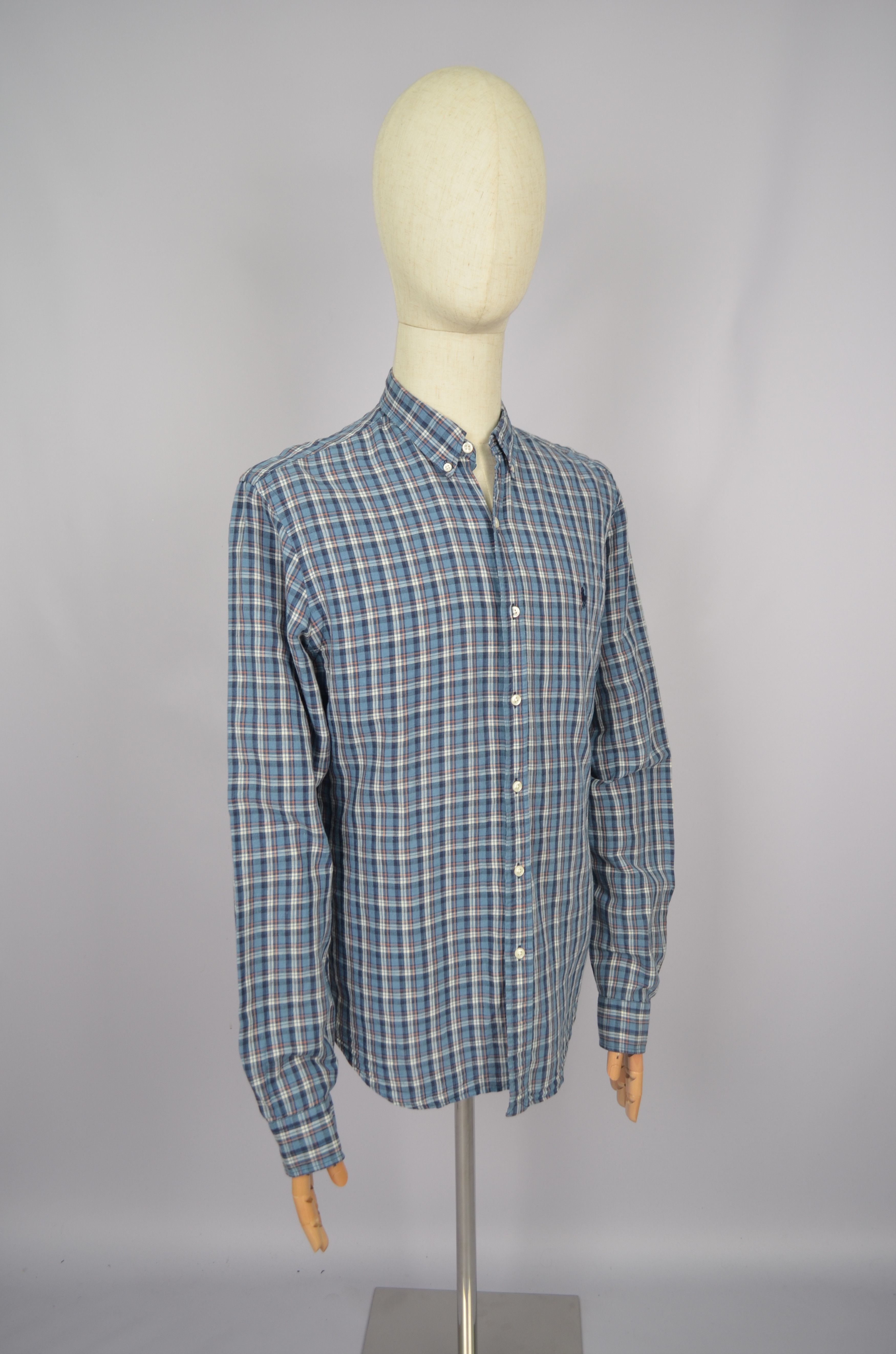 Designer × Polo Ralph Lauren Polo Ralph Lauren Check Blue White Linen\Cotton Slim Shirt Size US L / EU 52-54 / 3 - 6 Thumbnail