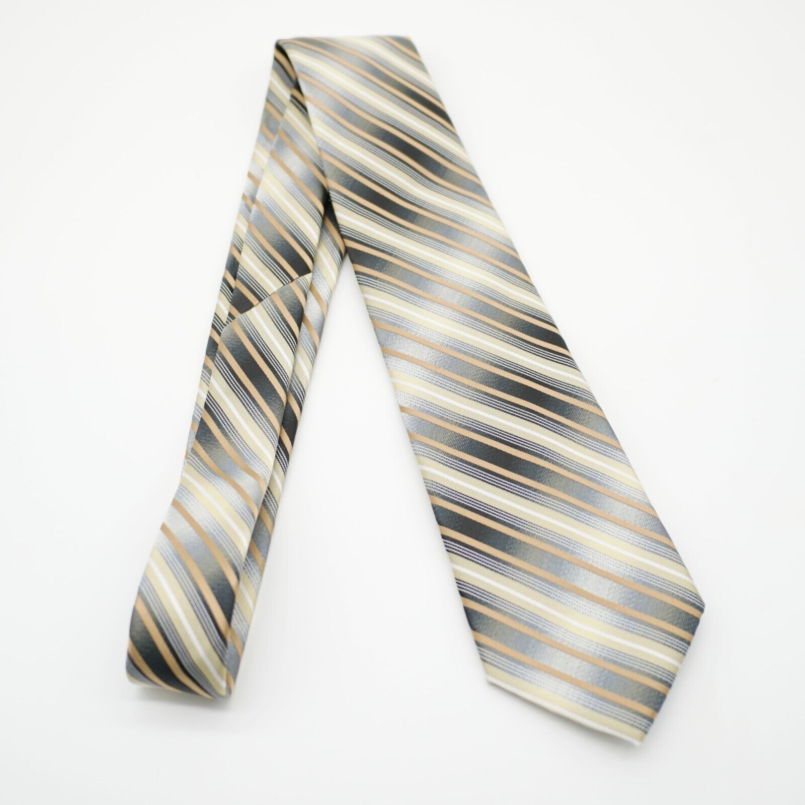 Pierre Cardin Pierre Cardin Gray Tan Polyester Woven Striped Tie Size ONE SIZE - 6 Thumbnail