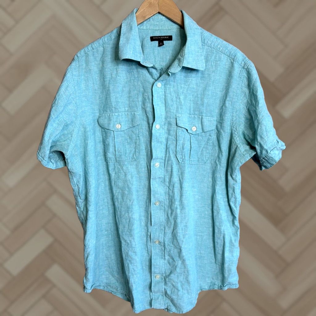 Banana Republic Banana Republic Shirt Mens XL Green Linen Blend Button Up Short Sleeve Beach Cotton Linen Woven Casual Size US XL / EU 56 / 4 - 1 Thumbnail