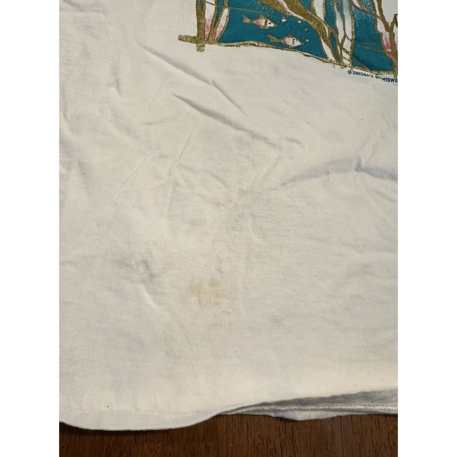 Vintage VINTAGE Diamond Dust Tropical Fish Shirt Mens XL White Cotton Single Stitch T 90s Solid Crew Neck Short Sleeve Stained Size US XL / EU 56 / 4 - 4 Thumbnail