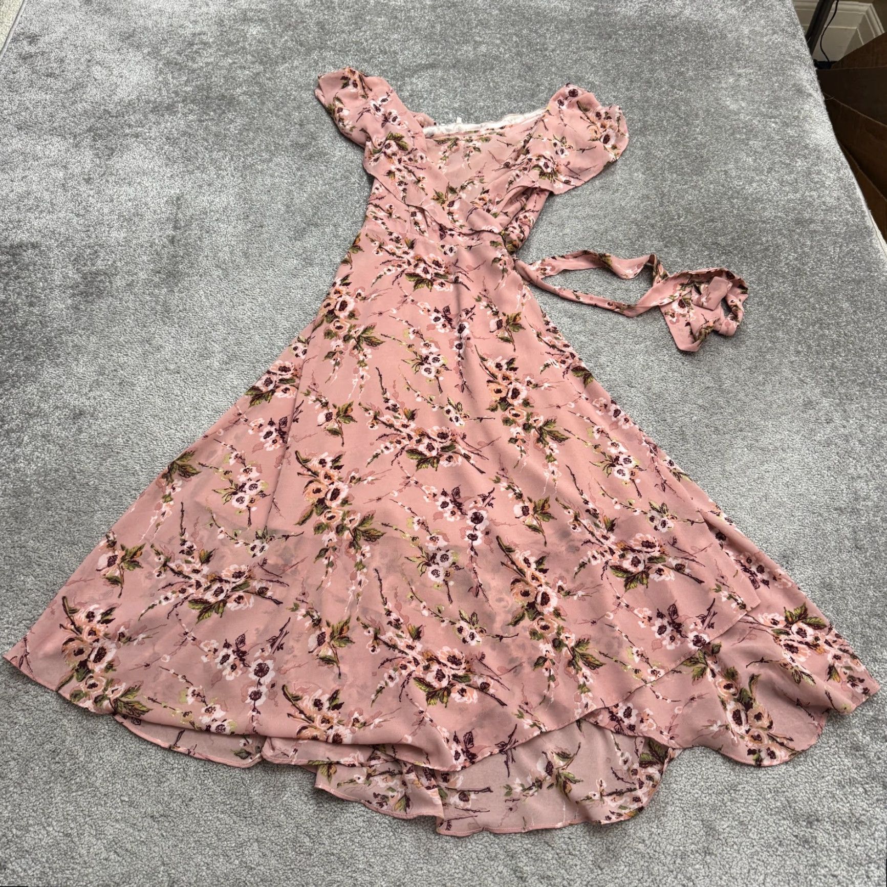 Vintage WAYF Dress Womens Midi Floral Wrap Ruffle Pink Hi-Low Short Sleeve Bohemian L Pink Womens Size L / US 10 / IT 46 - 3 Thumbnail