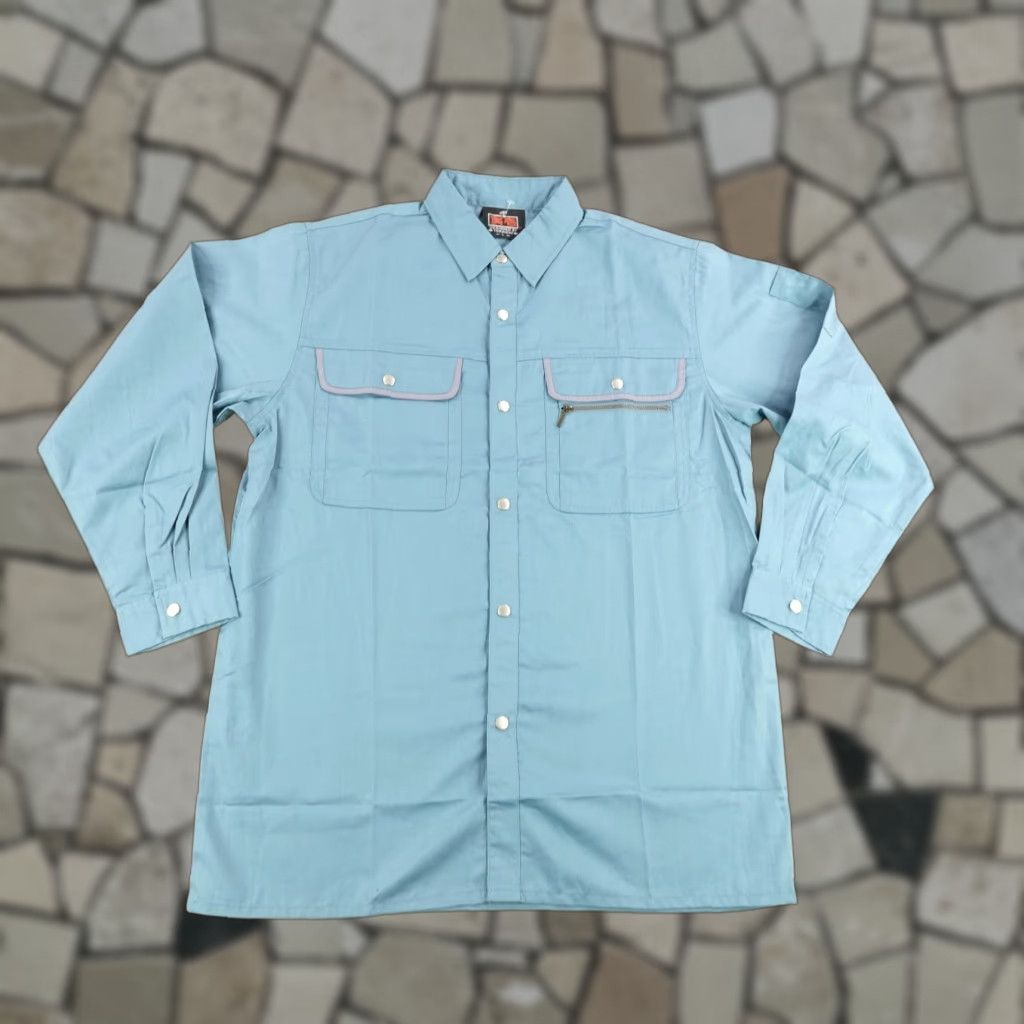 VINTAGE Toraichi Men's Work Shirt Blue Long Sleeve Button-Up Utility Japan Large