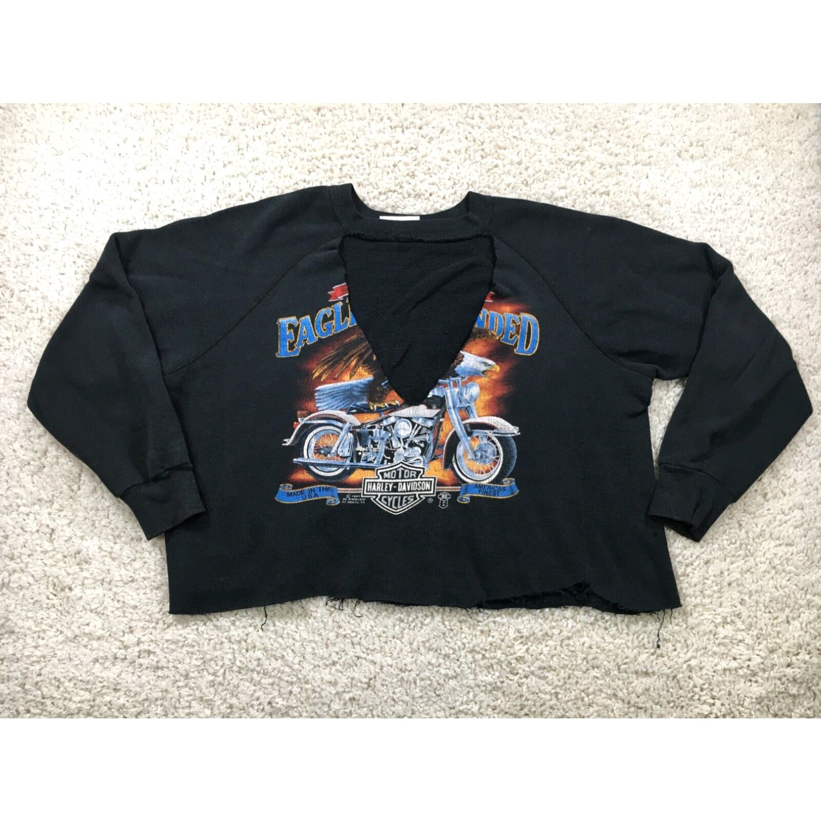 image of Harley Davidson Sweater Womens Extra Large Black 3D Emblem Distressed Crop 80's in White (Size XL)