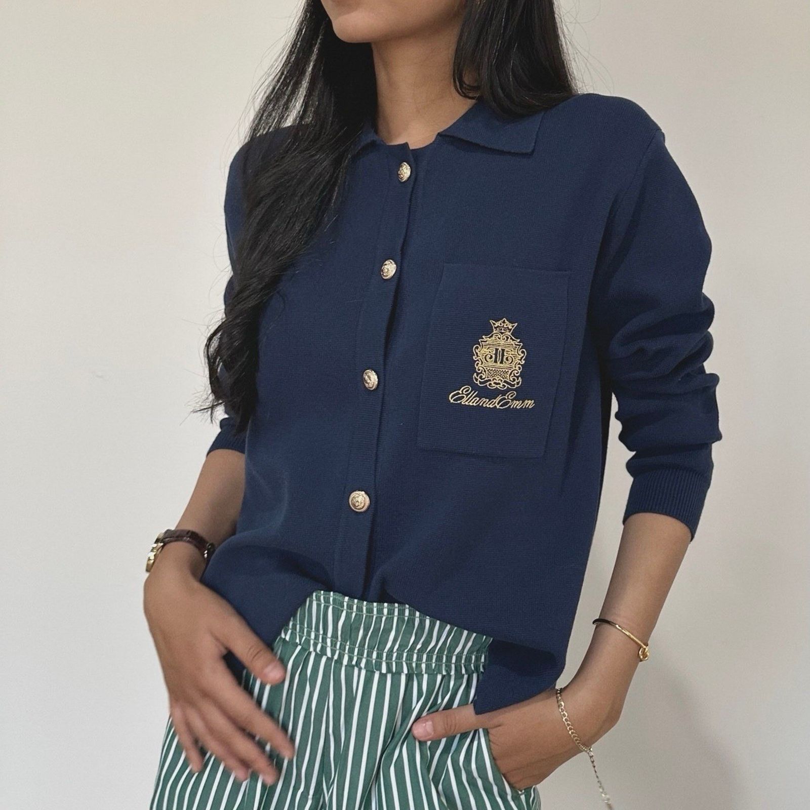 ELL And Emm Sienna Knit Navy Gold Buttons Cardigan Crest S/M