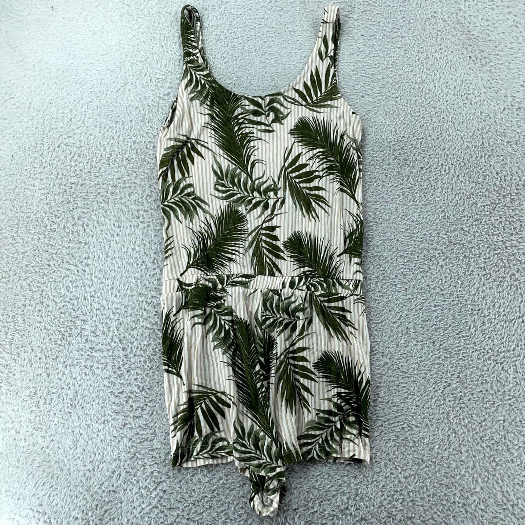 Vintage LASCANA Romper Green White Tropical Palm Leaf Sleeveless Drawstring Womens 2 Size 26" / US 2 / IT 38 - 4 Thumbnail