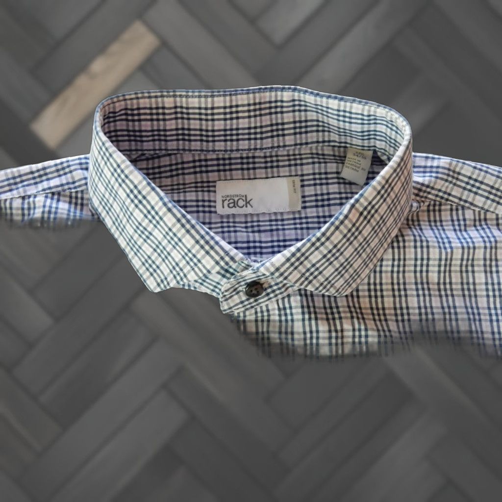 Nordstrom VINTAGE Nordstrom Men's Dress Shirt Size 17.5 Long Sleeve Plaid Cotton Blue-Purple-White Adult Size 46R - 1 Thumbnail