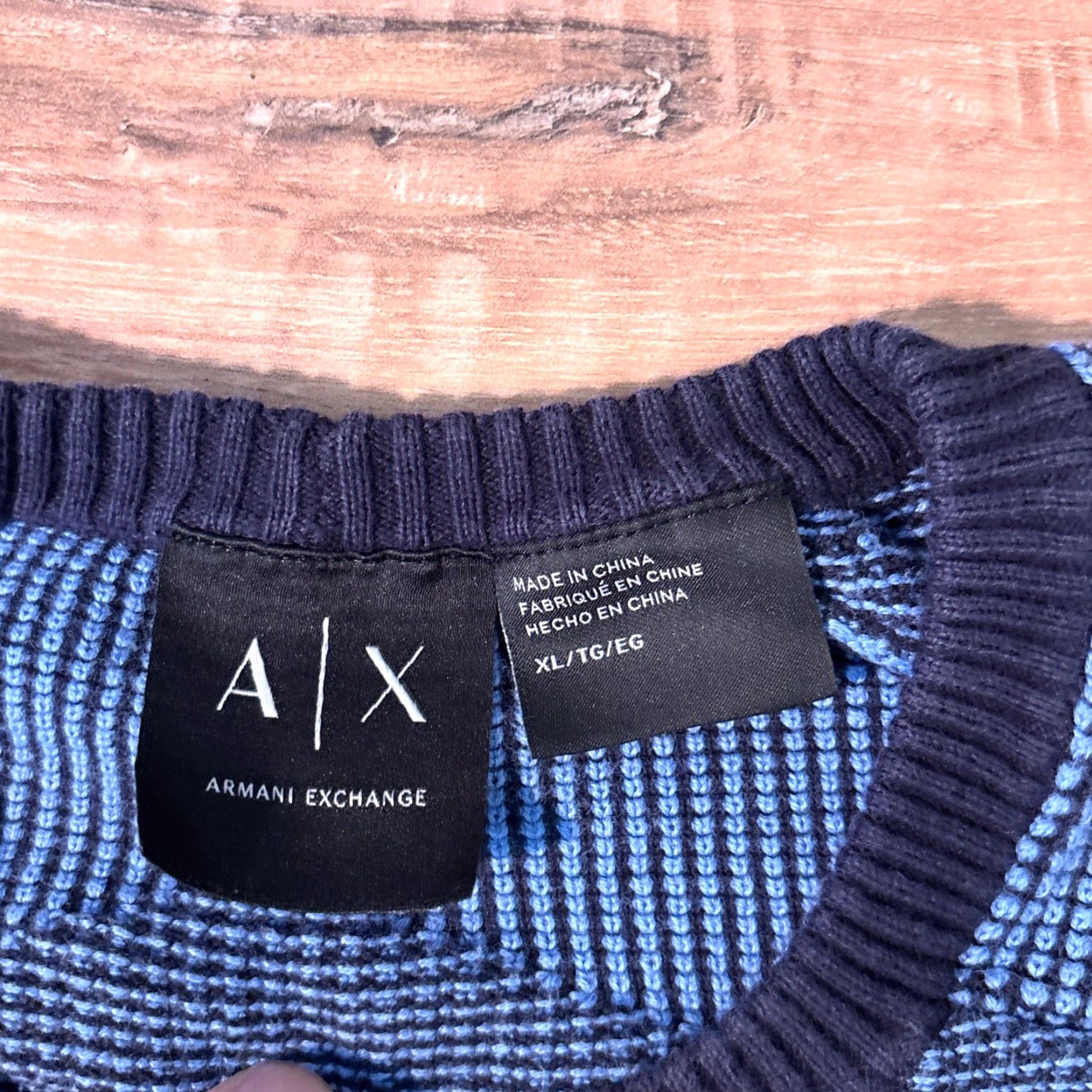 Armani Exchange Armani Exchange Mens XL Blue Waffle-Knit Crewneck Sweater Geometric Knit Logo Casual Pullover Used for Travel, Fall, Winter, Spring Womens? Size US XL / EU 56 / 4 - 2 Thumbnail