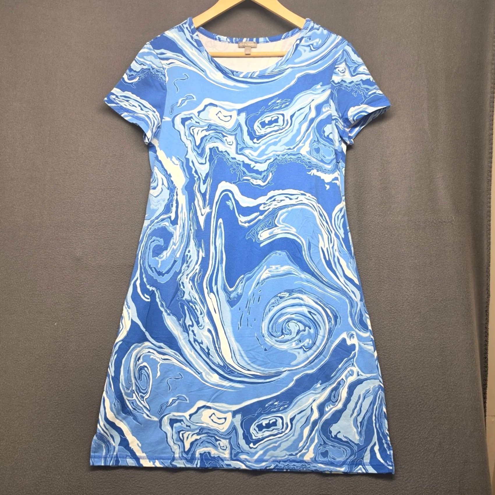 Talbots Talbots T by Talbots Dress Knit Dress Short Sleeve Blue Marble Swirl Print Womens Medium Knee Length Stretch Casual Mens? Womens Size 32" / US 10 / IT 46 - 2 Thumbnail