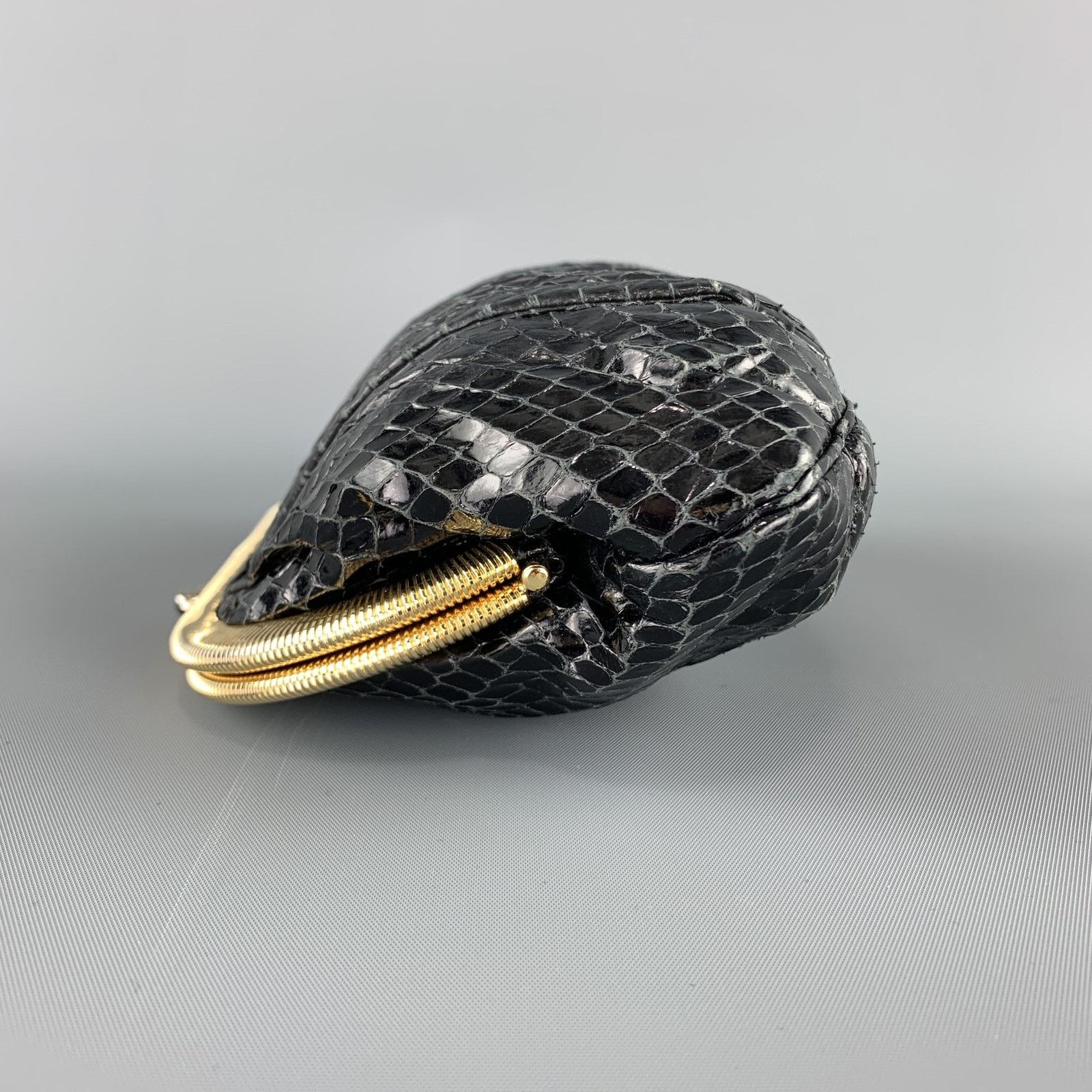 Judith Leiber JUDITH LEIBER Ruched Black Snake Skin Evening Clutch Handbag Size ONE SIZE - 2 Thumbnail