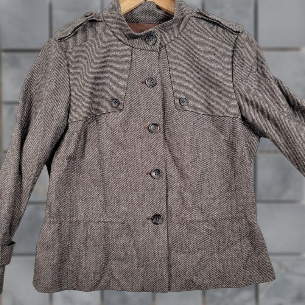 Herring Classiques Entier Jacket Women Brown Herring Bone Tweed Small Overcoat Lined Full Zip Collared Wool Blend Autumn Winter Carded Shoulder Pads Size S / US 4 / IT 40 - 1 Thumbnail